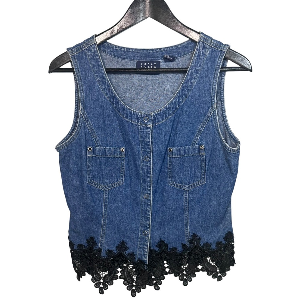 Vintage 90s Denim Vest Black Lace Trim Size 10 Western Cowgirl Boho Concert